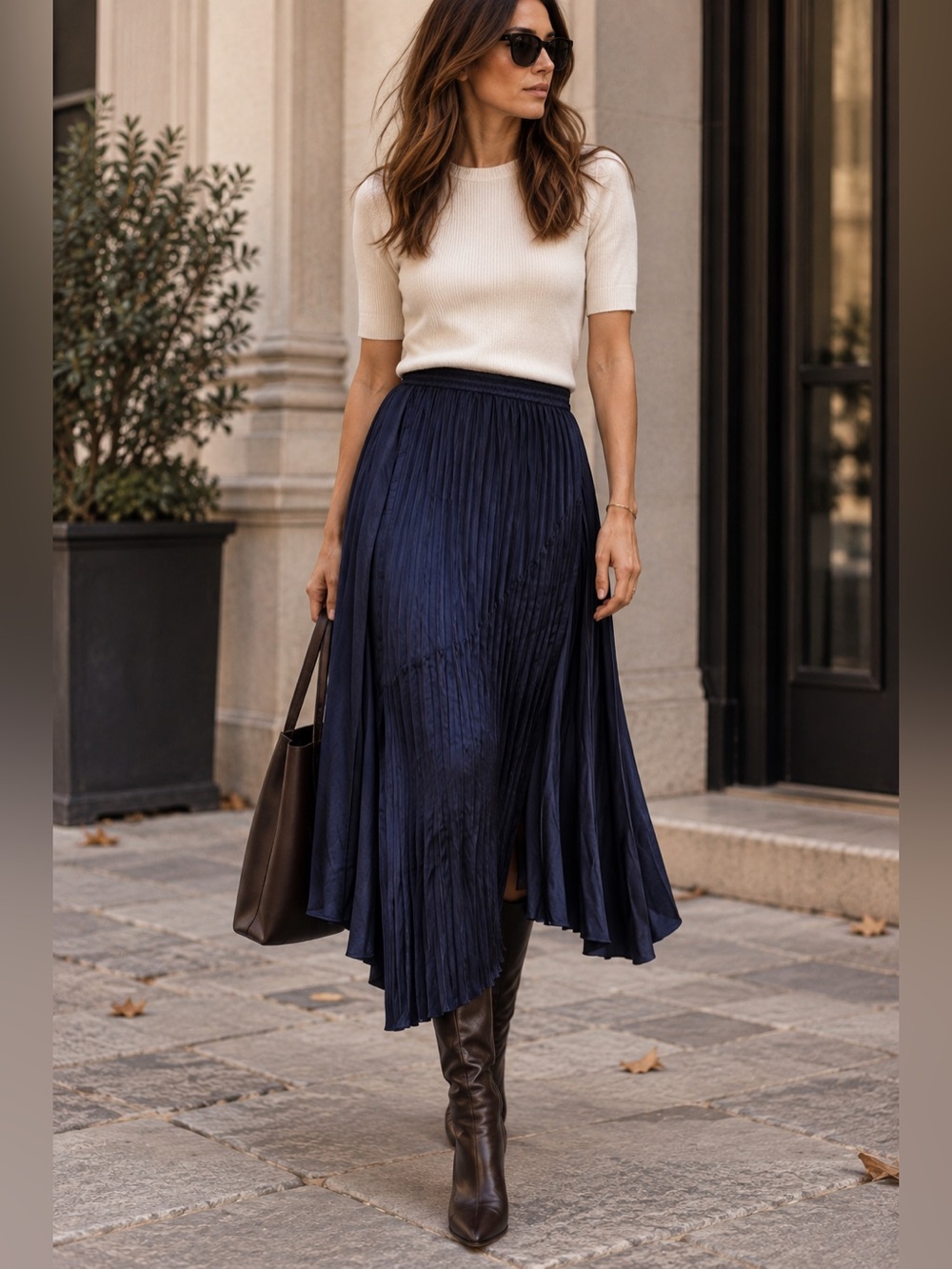 Vince Asymmetrical Layered Pleated Midi Skirt Navy Blue Size S Minimalist